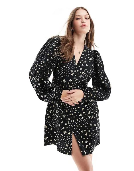 Vero Moda Черное мини-платье на пуговицах с длинными рукавами, 2013, с белым цветочным узором
