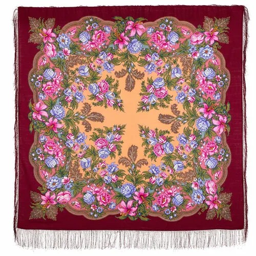 Платок Павловопосадская платочная мануфактура,146х146 см, розовый, оранжевый