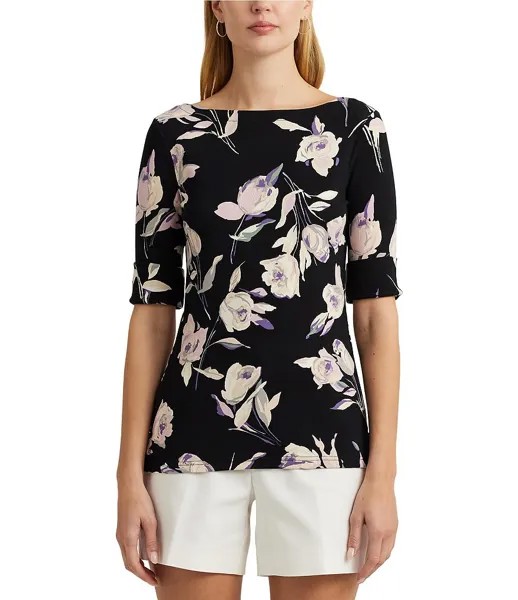 Lauren Ralph Lauren Petite Size Футболка из эластичного хлопка с цветочным принтом и вырезом «лодочка», цветочный