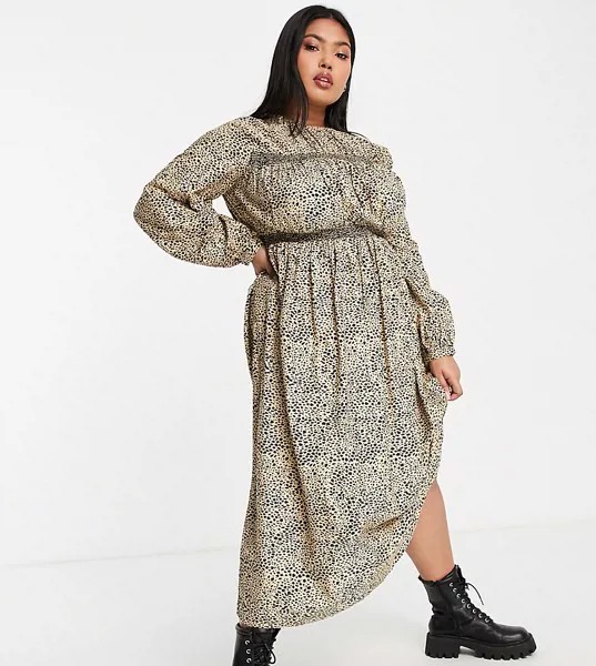 Присборенное платье миди с длинными рукавами и звериным принтом ASOS DESIGN Curve-Разноцветный