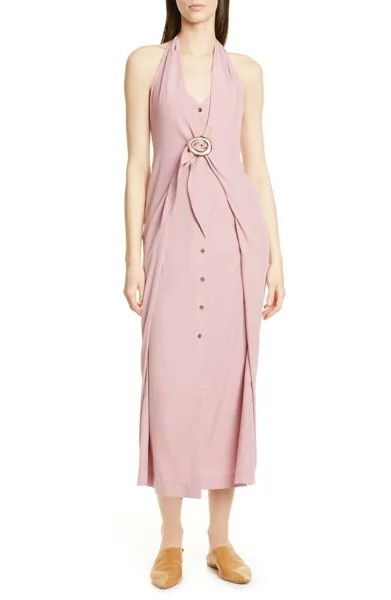 NANUSHKA Пыльно-розовое платье миди LIYA с лямкой на шее, пуговицами спереди и завязкой на талии, поясом, XS 2