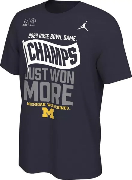 Футболка Jordan для взрослых 2023–24 студенческого футбола плей-офф Rose Bowl Champions Michigan Wolverines в раздевалке