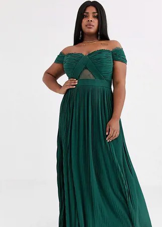 Платье макси с открытыми плечами, плиссировкой и кружевом ASOS DESIGN Curve-Зеленый
