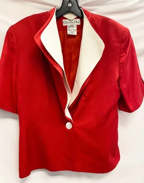 CHRISTIAN DIOR Красно-белый пиджак с мягкими плечами, винтажный шелковый шелк 10 шт., США