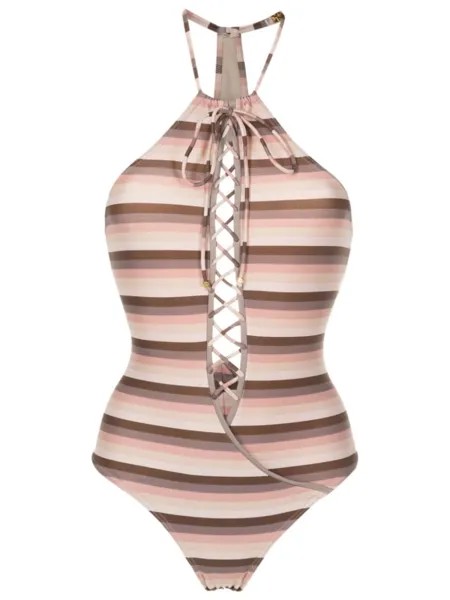 Amir Slama striped lace-up swimsuit, нейтральный цвет