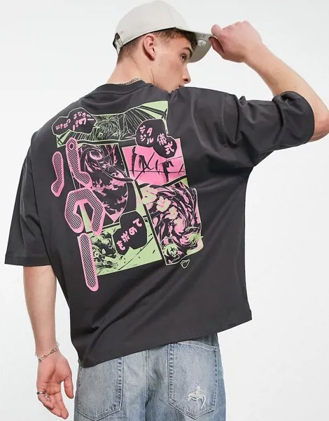 Серая oversized-футболка с принтом из аниме на спине ASOS DESIGN-Серый