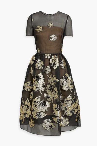 Платье миди металлизированного цвета из смесового шелка, органзы и жаккарда OSCAR DE LA RENTA, черный