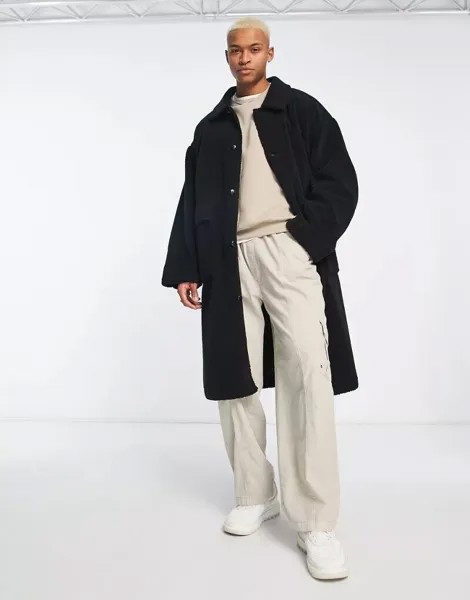Черное объемное пальто борг ASOS