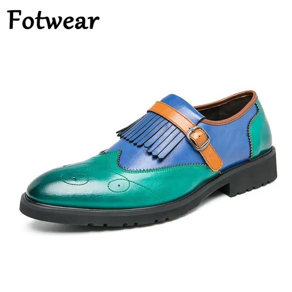 Мужские Кожаные Деловые туфли Fotwear, Модные Зеленые броги с кисточками, офисные классические туфли без застежек для взрослых, мужские мокаси...