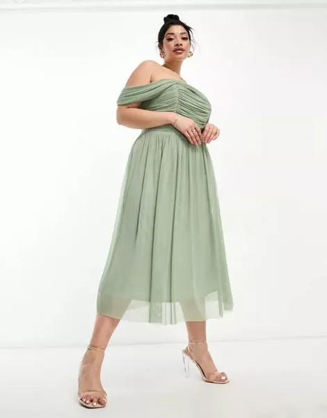 Сетчатое платье миди с открытыми плечами Little Mistress Bridesmaids шалфейно-зеленого цвета