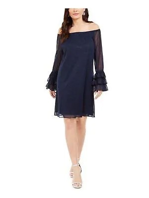Женское темно-синее прозрачное короткое платье с открытыми плечами и длинными рукавами MSK, размер S