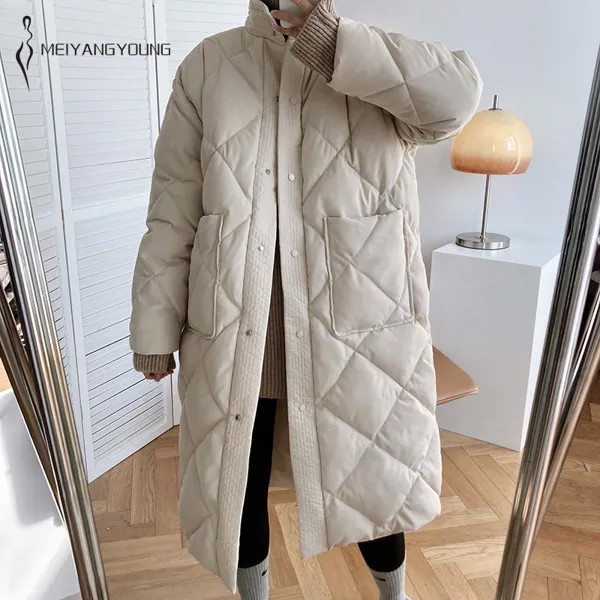 MEIYANGYOUNG зимнее хлопковое Стеганое пальто с рисунком argyle для женщин, парки длиной до колена, длинная куртка, пальто оверсайз, парка с воротник...