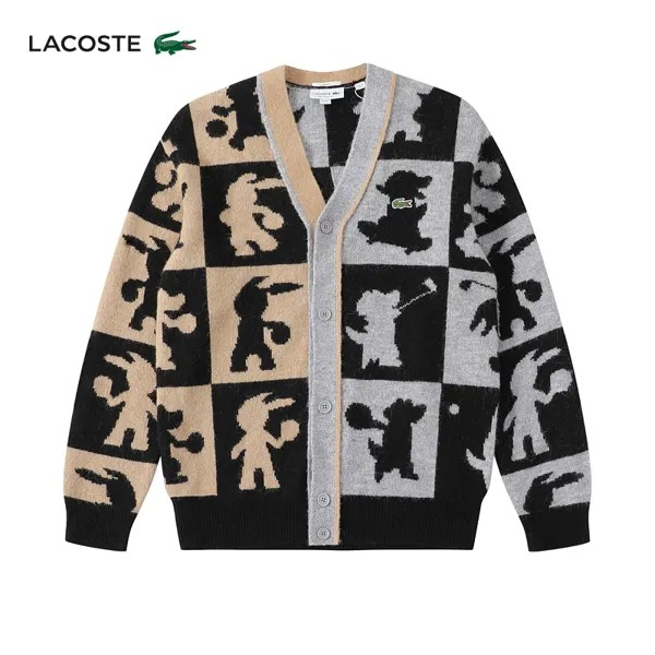 Кардиган Lacoste с V-образным вырезом и принтом, черный / серый / хаки
