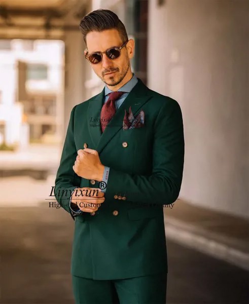 Мужской облегающий костюм, темно-зеленый костюм для свадьбы, выпускного вечера, двубортный золотистый смокинг для жениха, комплект из 2 предметов, Мужской Блейзер, костюм для мужчин, 2022