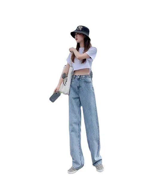 Новые весенне-осенние корейские студенческие джинсы с высокой талией, прямые джинсы с широкими штанинами, драпированные Папины брюки Hyuna