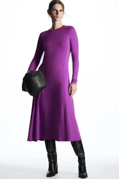 Платье миди из джерси с длинными рукавами, пурпурный