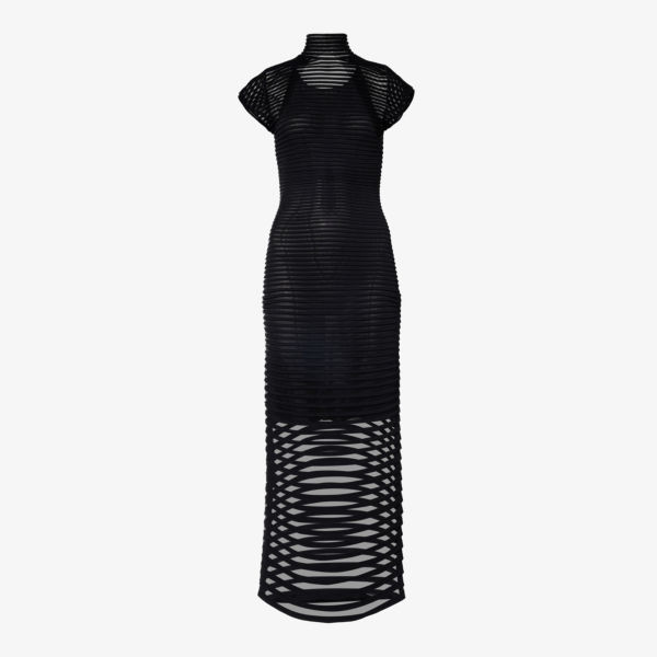Трикотажное платье макси приталенного кроя в полоску из смесового шелка Alaia, цвет noir alaia