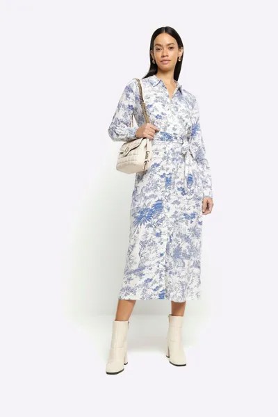Платье-Рубашка миди с поясом River Island, синий