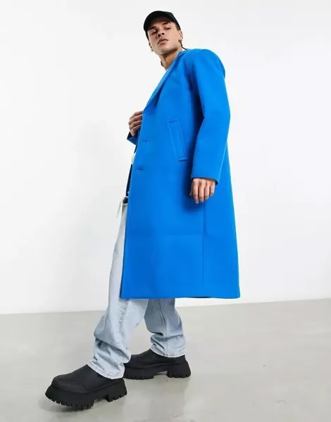 Синее шерстяное пальто с напуском ASOS