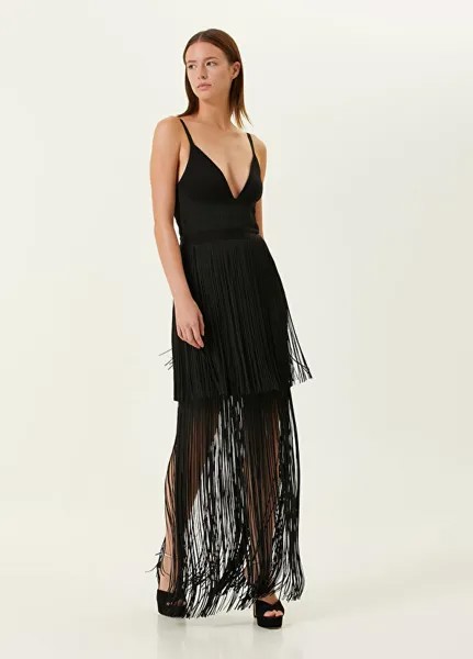 Черное вечернее платье макси с глубоким v-образным вырезом и кисточками Herve Leger