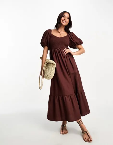 Коричневое платье миди с пышными рукавами и присборенными верхом New Look