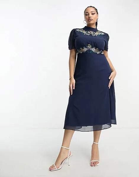 Темно-синее платье миди с открытой спиной и вышивкой Hope & Ivy Plus