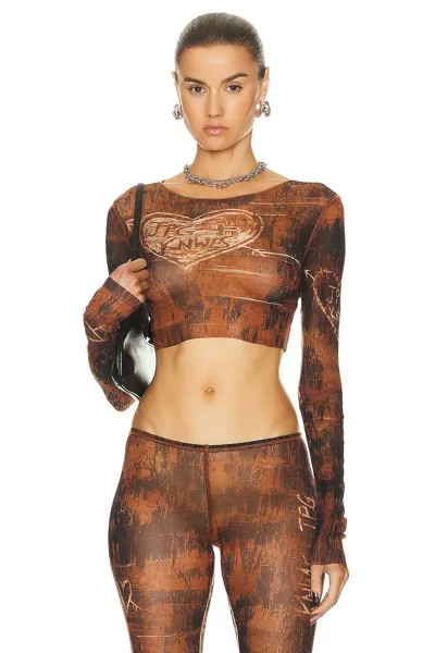 Топ Jean Paul Gaultier X KNWLS Boat Neck Long Sleeve Scratch Wood Cropped, цвет Brown & Ecru