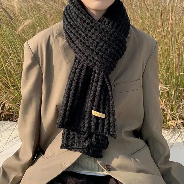 Зимний вязаный шарф Мужская корейская версия чистого цвета Шерстяной шарф Толстый Теплый Длинный Вязаный шарф Нагрудник