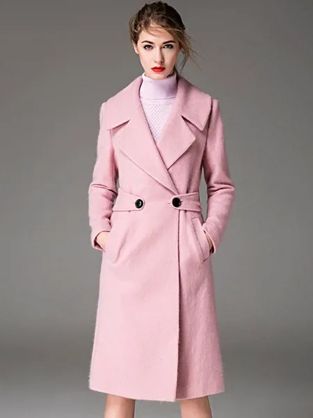 Milanoo Pink Pea Coat Notch Collar Long Sleeve Women's Wool Coats