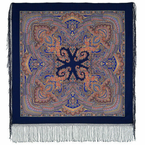 Платок Павловопосадская платочная мануфактура,148х148 см, коричневый, синий