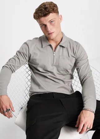 Лонгслив-поло серого цвета с молнией Jack & Jones Premium-Светло-бежевый