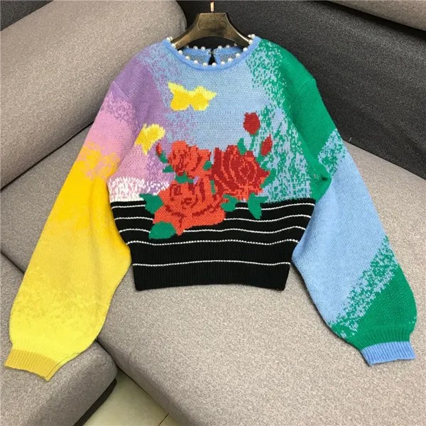 Модные женские свитера 2022 роскошный европейский дизайн Винтажный Универсальный тонкий жаккардовый пуловер с градиентом и цветами с жемчугом вязаный Топ