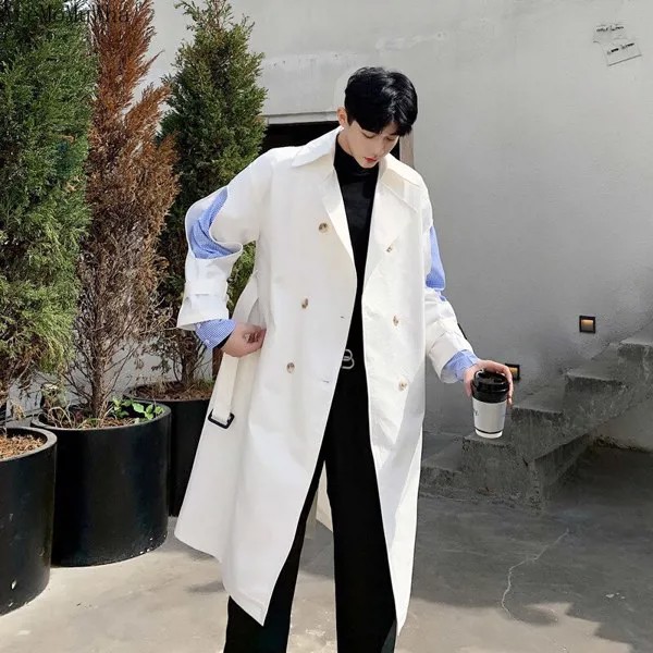 Мужская осенне-зимняя ретро модная атмосфера корейское пальто средней длины мужская простроченная ветровка выше колена из двух частей