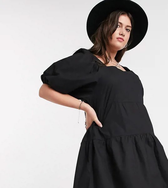 Черное свободное платье мини с пышными рукавами и квадратным вырезом Influence Plus-Черный