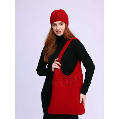 Сумка авоська MI ROPA Сумка-шоппер на плечо + вязаная шапочка в подарок, фактура вязаная, красный