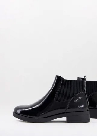 Черные лакированные ботинки челси на плоской подошве New Look-Черный цвет