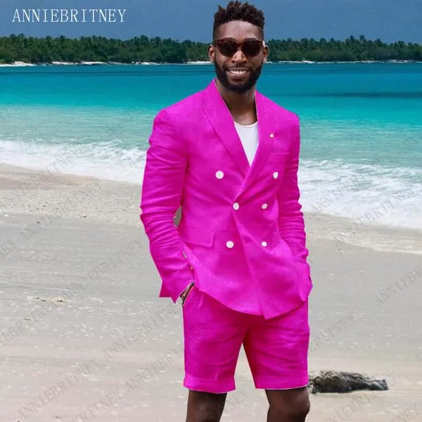 Мужской льняной костюм ANNIEBRITNEY, ярко-розовый приталенный пиджак и шорты, комплект из 2 предметов, лето 2020