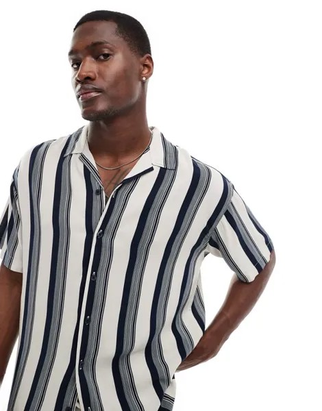Темно-синяя полосатая рубашка оверсайз с глубоким воротником Jack & Jones