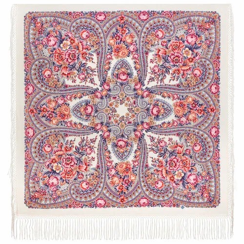 Платок Павловопосадская платочная мануфактура,135х135 см, белый, фиолетовый