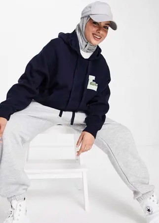 Худи синего цвета с крупным логотипом Lacoste-Темно-синий