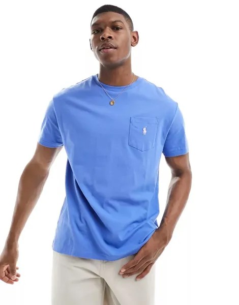 Футболка Polo Ralph Lauren средне-синего цвета с логотипом бренда, карманом и классическим оверсайз-кроем