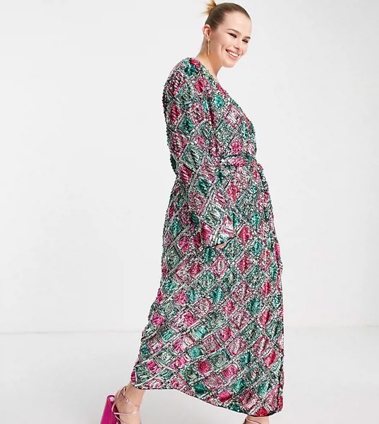 Платье миди с узором «ромбы», запахом, поясом и пайетками ASOS EDITION Curve-Разноцветный