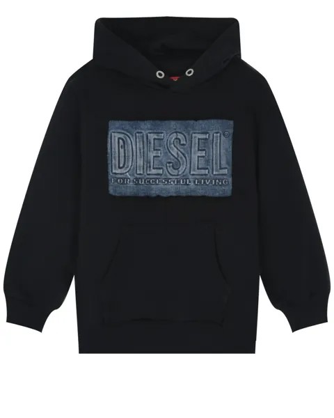 Черная толстовка-худи с джинсовым лого Diesel