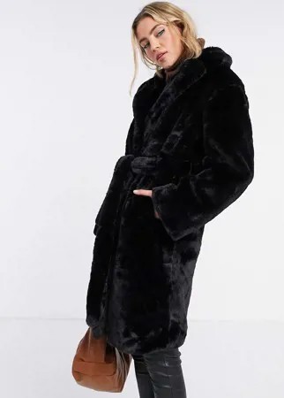Удлиненное пальто с поясом из искусственного меха черного цвета New Look-Черный цвет