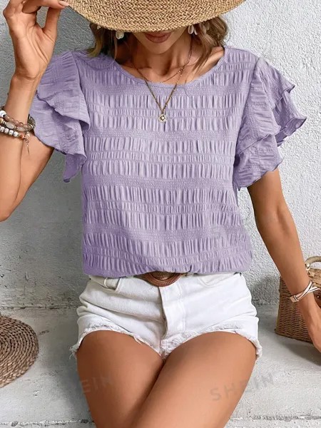 SHEIN LUNE Женская блузка с круглым вырезом и оборками на рукавах, сиреневый фиолетовый