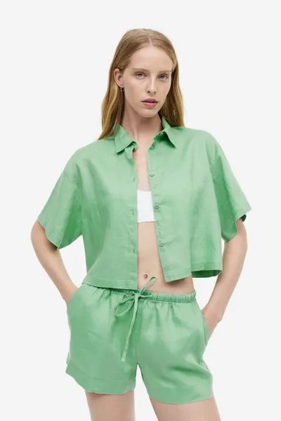 Короткая льняная рубашка H&M, зеленый