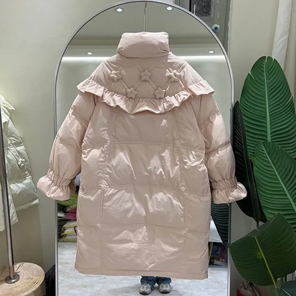 Женский пуховик с воротником-стойкой, однотонная теплая куртка с длинным рукавом, оборками и 3D цветами, в Корейском стиле, зима 2023