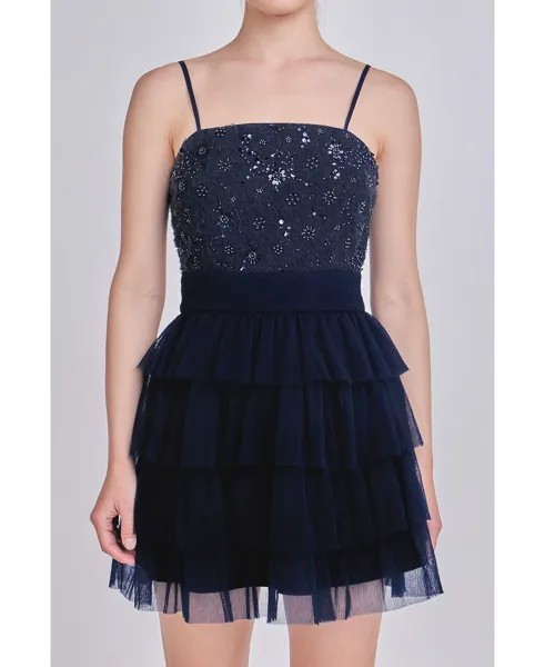 Женское мини-платье из тюля с цветочным узором endless rose, темно-синий