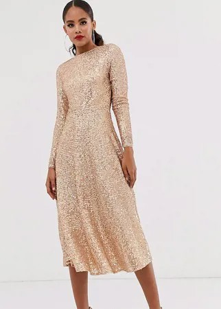 Трапециевидное платье миди с пайетками цвета розового золота TFNC Tall-Золотой