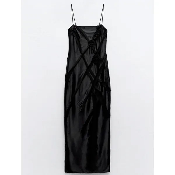 Платье Zara Floral Satin Midi, черный